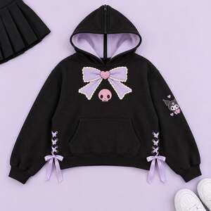Kuromi Sanrio Hoodie Medium Black Lavender Ribbon Lace Up Graphic Sweatshirt